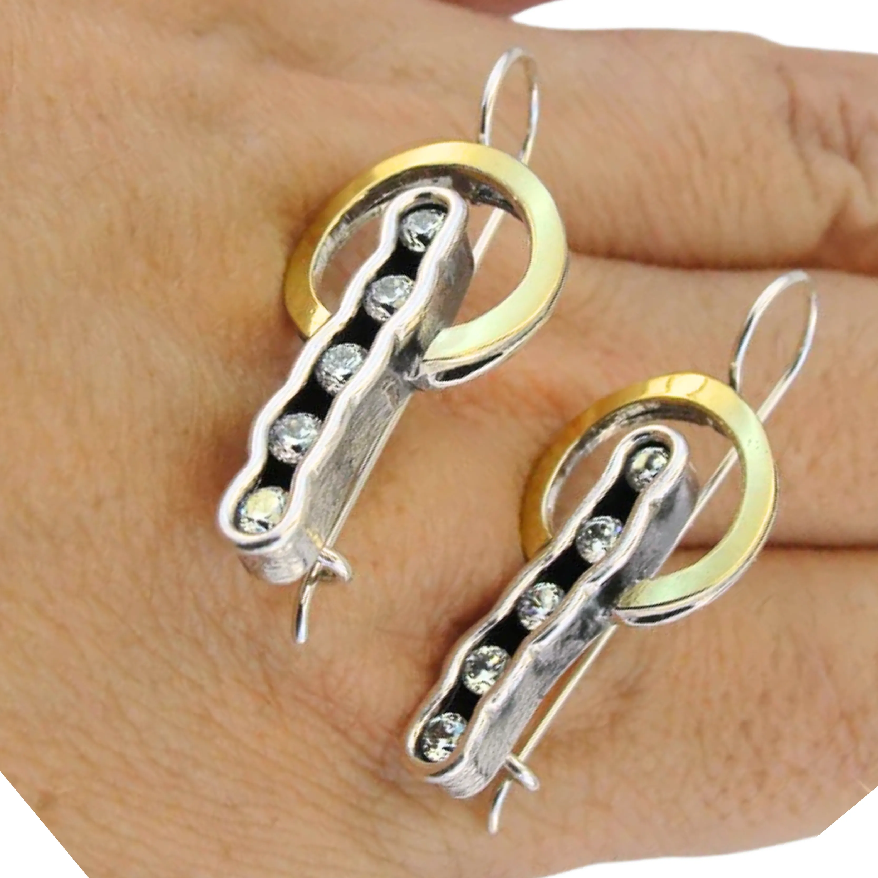 Sterling Silver & 9K Yellow Gold Earrings with Clear Zircon – Ready to Ship for Christmas