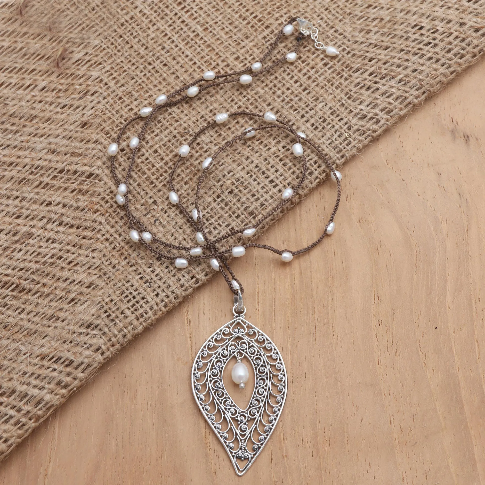 Sterling Silver and Cultured Pearl Pendant Necklace - Miana Leaves | NOVICA
