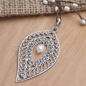 Sterling Silver and Cultured Pearl Pendant Necklace - Miana Leaves | NOVICA
