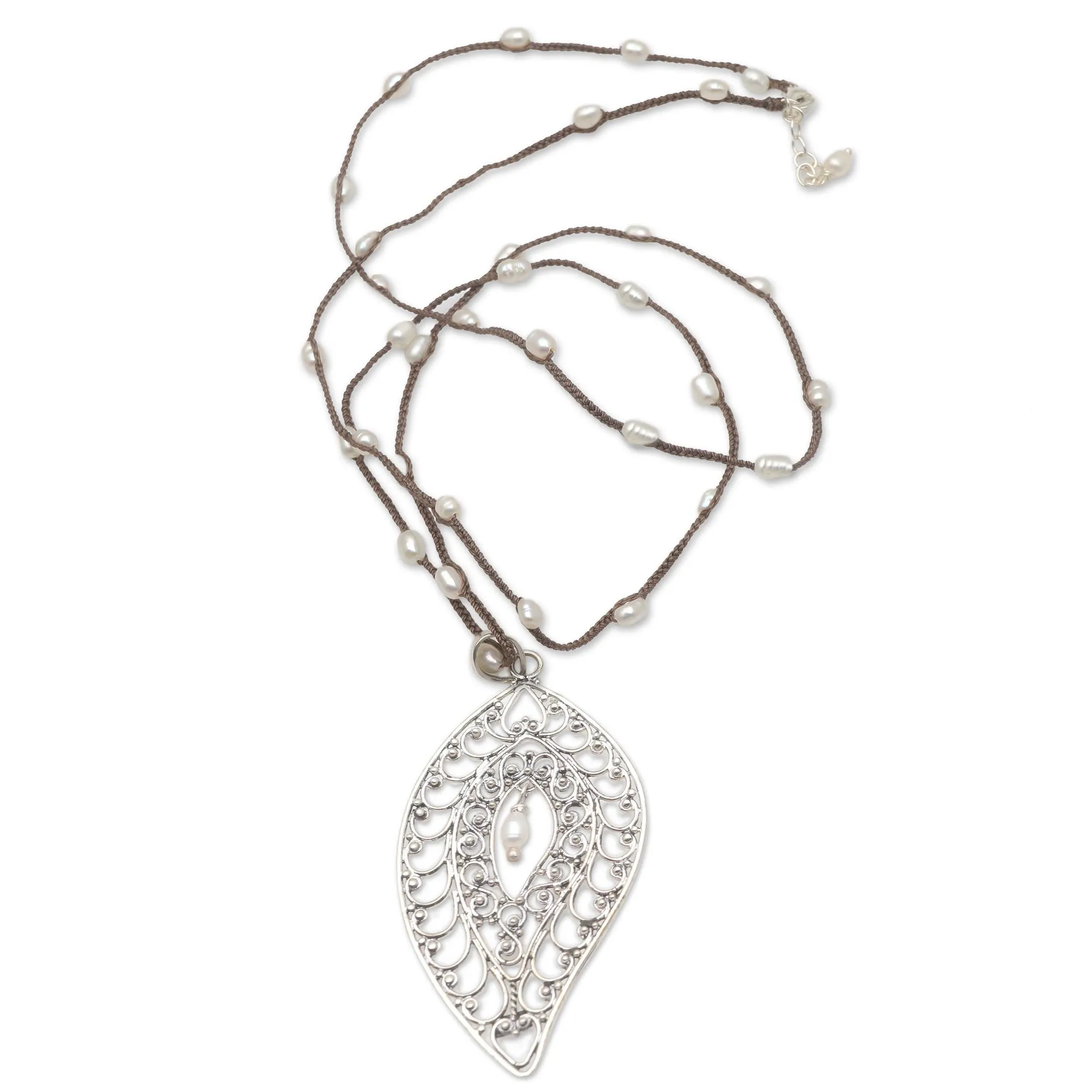 Sterling Silver and Cultured Pearl Pendant Necklace - Miana Leaves | NOVICA