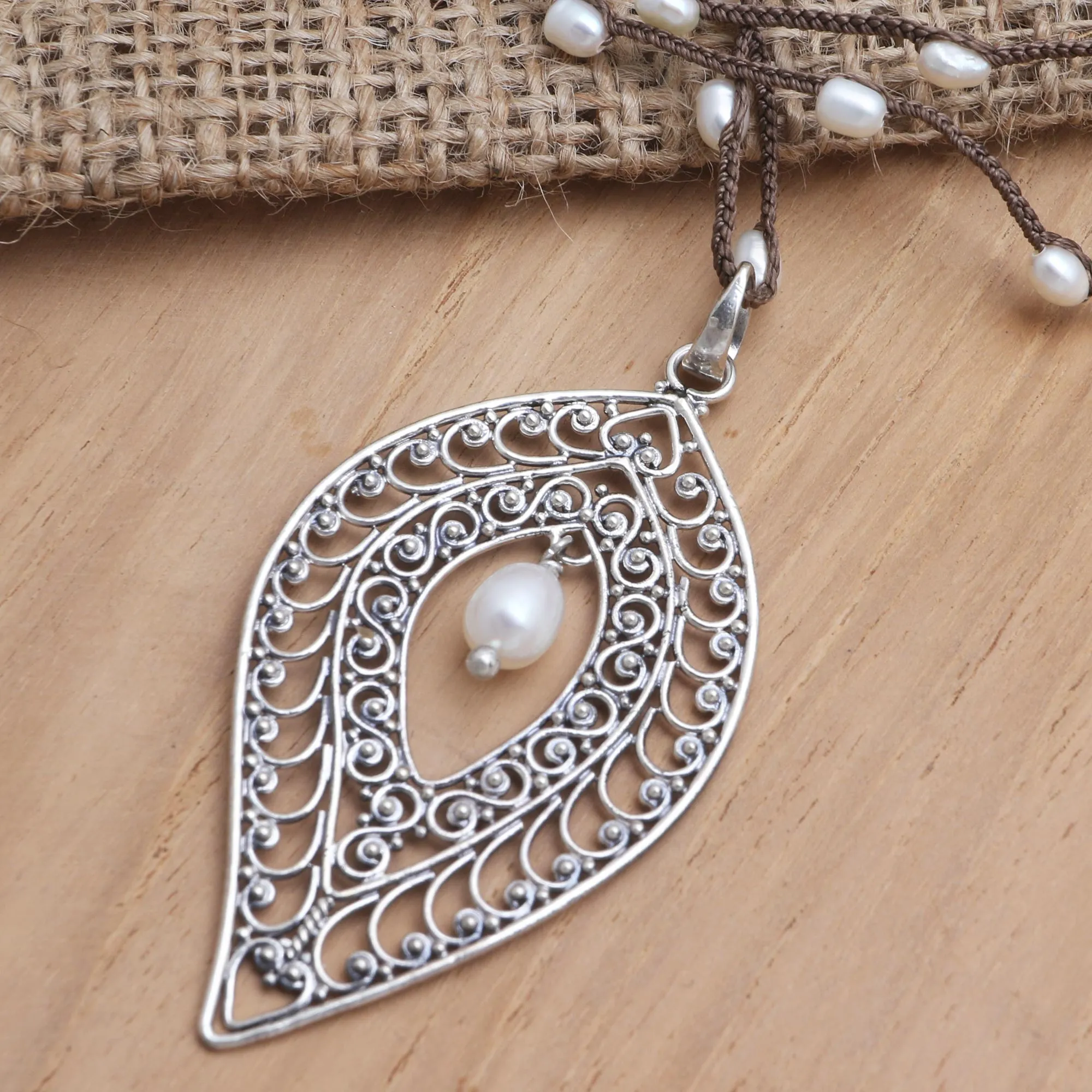 Sterling Silver and Cultured Pearl Pendant Necklace - Miana Leaves | NOVICA