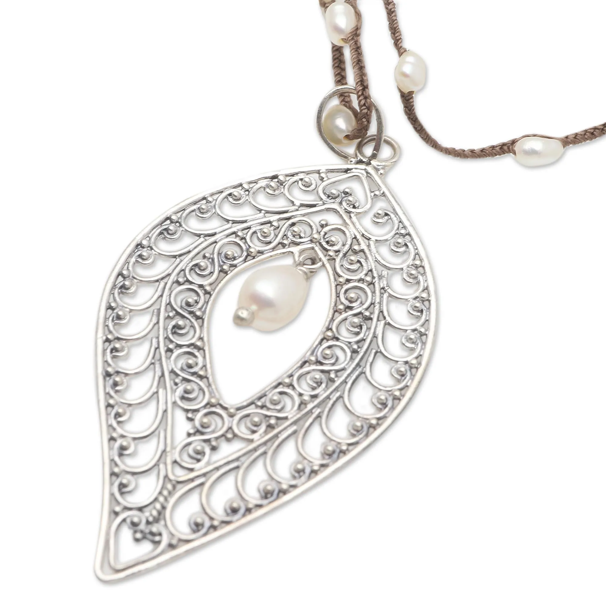 Sterling Silver and Cultured Pearl Pendant Necklace - Miana Leaves | NOVICA
