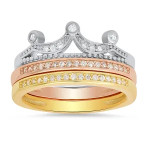Sterling Silver Tri-Color Crown CZ Stackable Ring Set