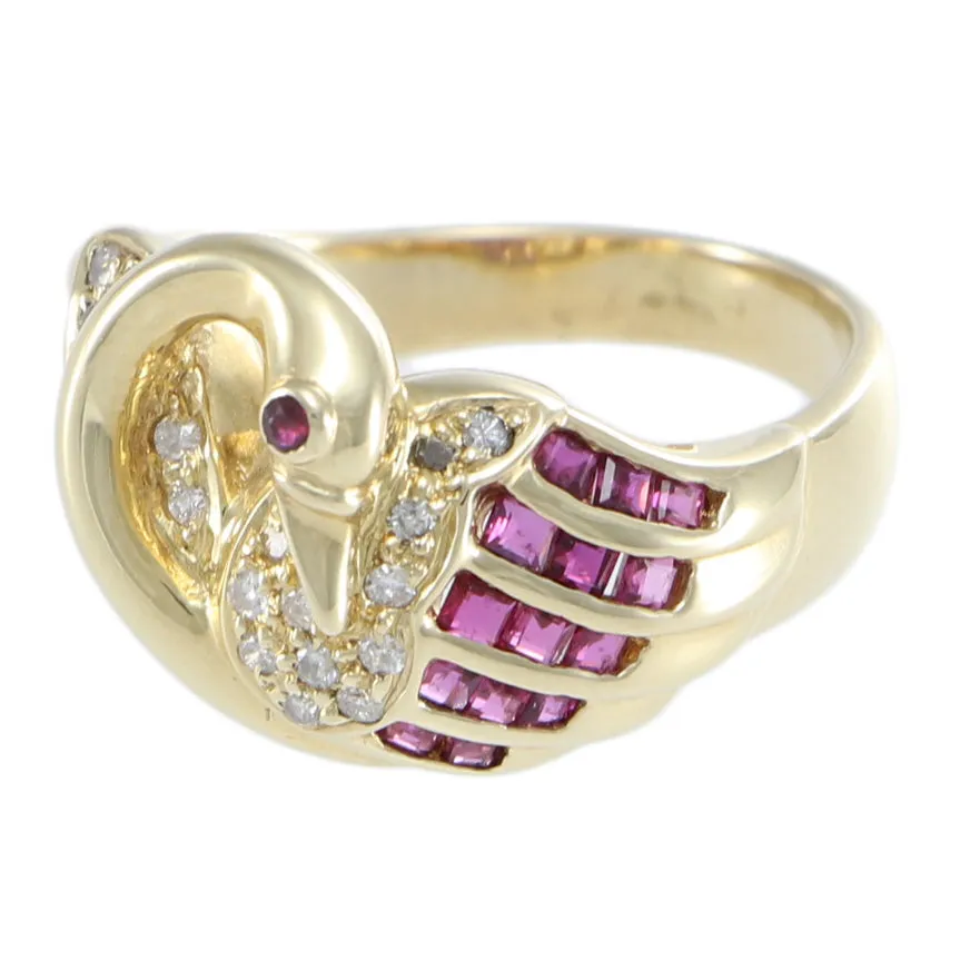 Swan Baguette Ruby Diamond Cocktail Ring 14k Yellow Gold Vintage Bird Jewelry
