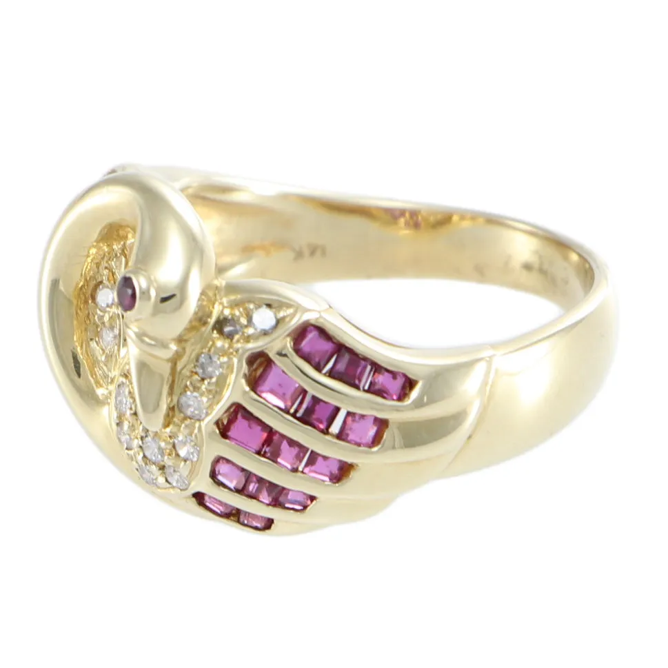 Swan Baguette Ruby Diamond Cocktail Ring 14k Yellow Gold Vintage Bird Jewelry