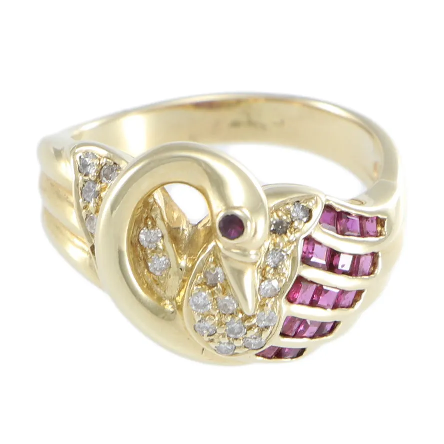 Swan Baguette Ruby Diamond Cocktail Ring 14k Yellow Gold Vintage Bird Jewelry