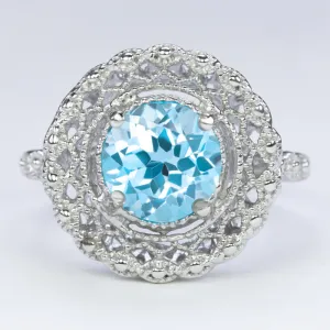 SWISS BLUE TOPAZ STERLING SILVER RING VINTAGE STYLE FILIGREE HALO ROUND ART DECO