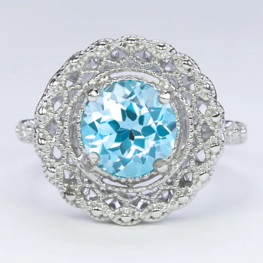 SWISS BLUE TOPAZ STERLING SILVER RING VINTAGE STYLE FILIGREE HALO ROUND ART DECO