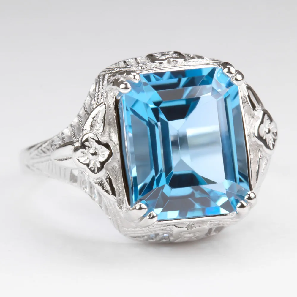 SWISS BLUE TOPAZ STERLING SILVER VINTAGE STYLE RING DECO EMERALD CUT FILIGREE