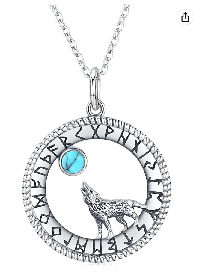 Viking Ruins Wolf Howling Moon Pendant Moonstone Necklace Wolf Jewelry Amulet Celtic Nordic Hunter Norse Gift 925 Sterling Silver Chain 20in.