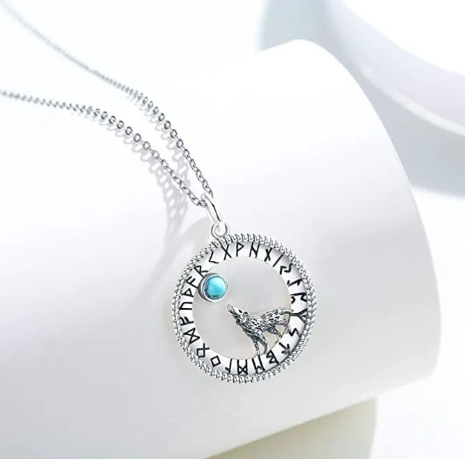 Viking Ruins Wolf Howling Moon Pendant Moonstone Necklace Wolf Jewelry Amulet Celtic Nordic Hunter Norse Gift 925 Sterling Silver Chain 20in.