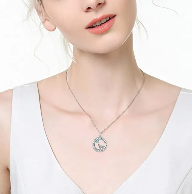 Viking Ruins Wolf Howling Moon Pendant Moonstone Necklace Wolf Jewelry Amulet Celtic Nordic Hunter Norse Gift 925 Sterling Silver Chain 20in.