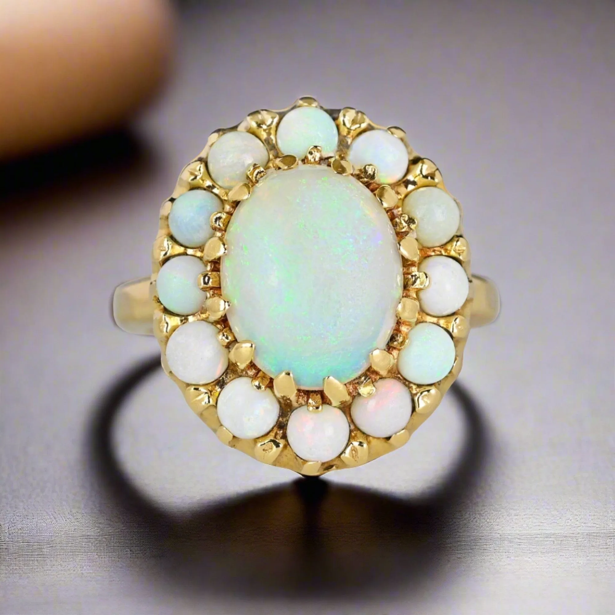 Vintage 14K Gold Opal Halo Cluster Ring