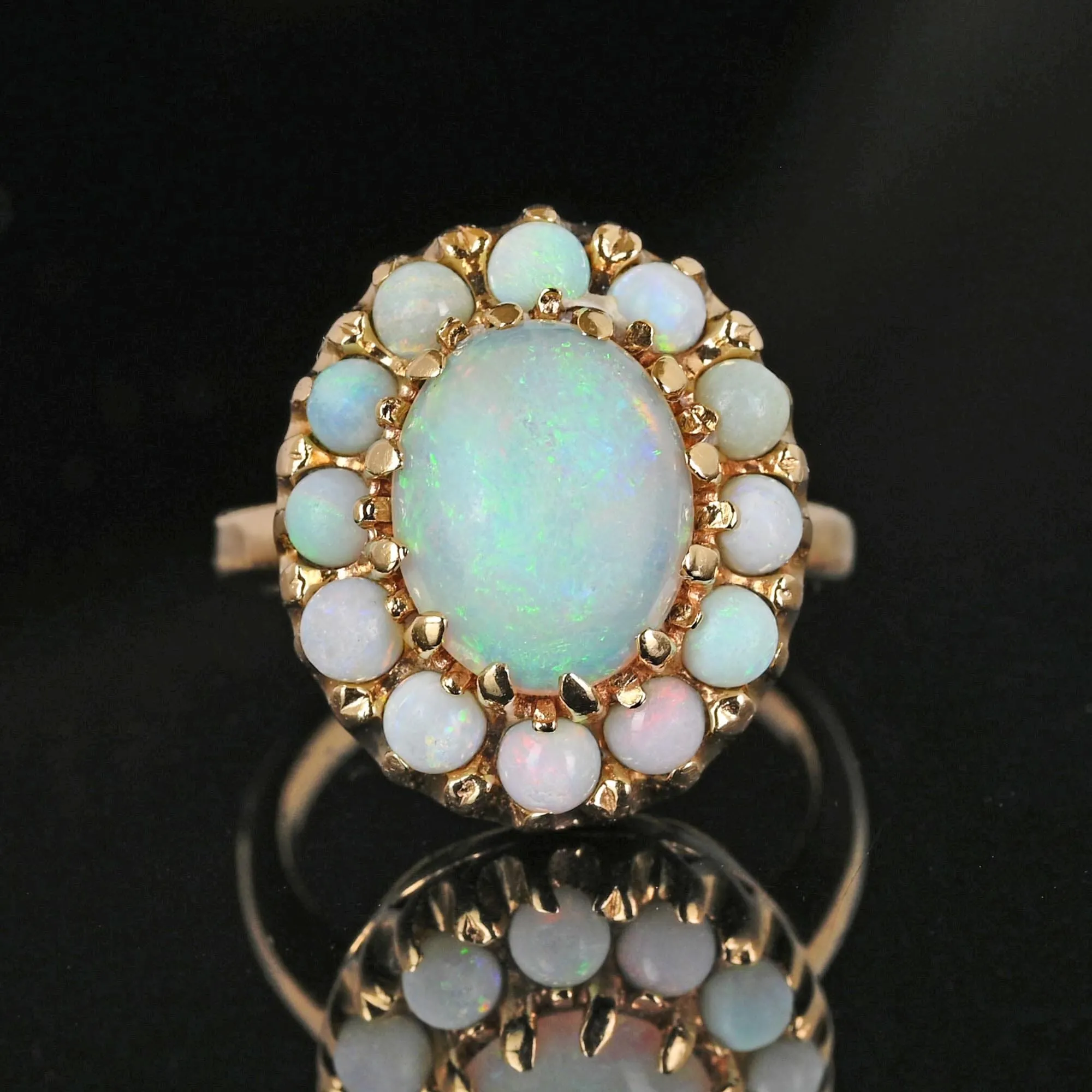 Vintage 14K Gold Opal Halo Cluster Ring