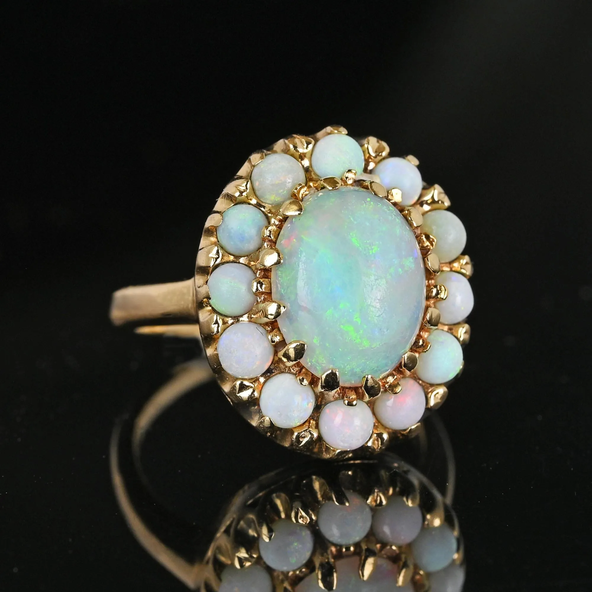 Vintage 14K Gold Opal Halo Cluster Ring