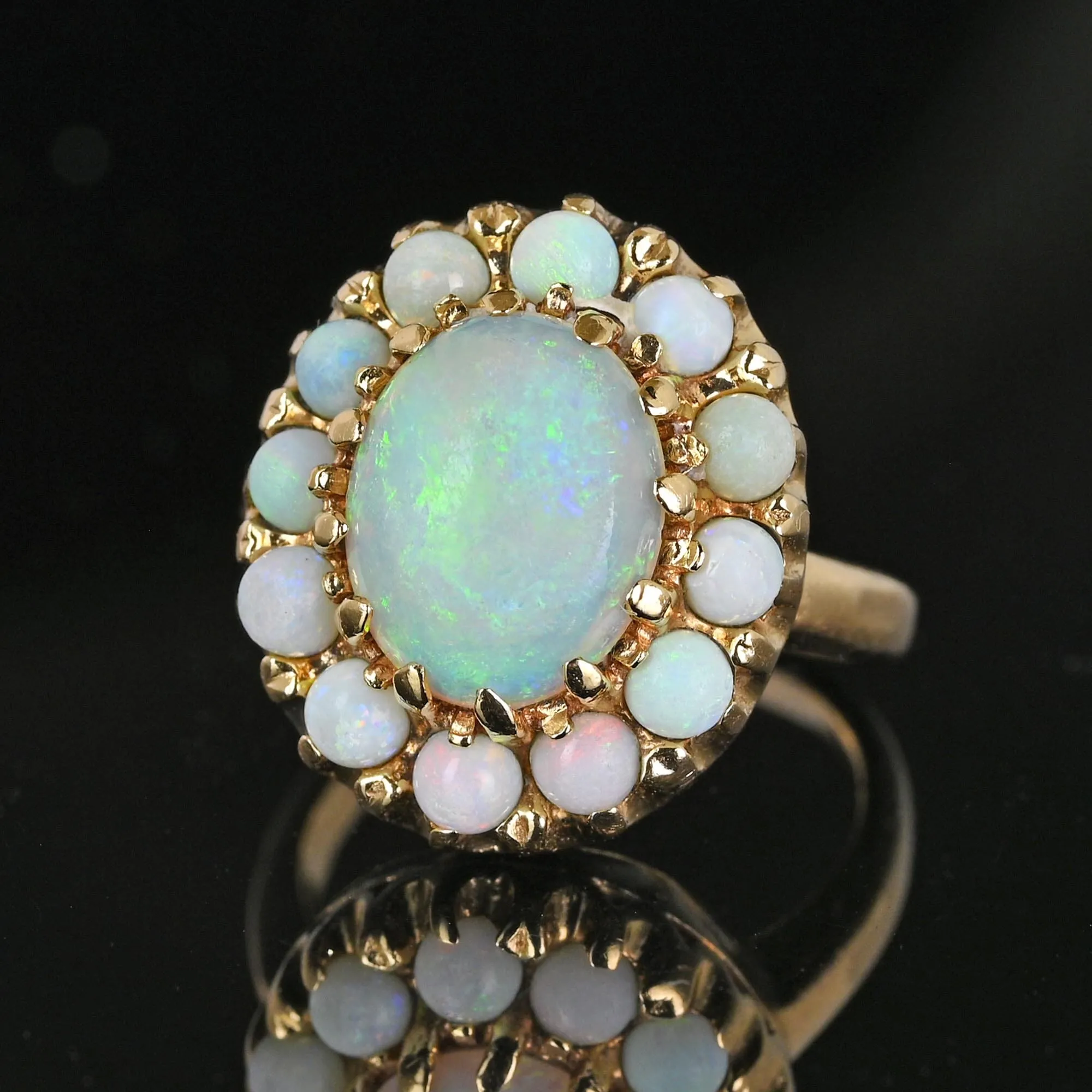 Vintage 14K Gold Opal Halo Cluster Ring