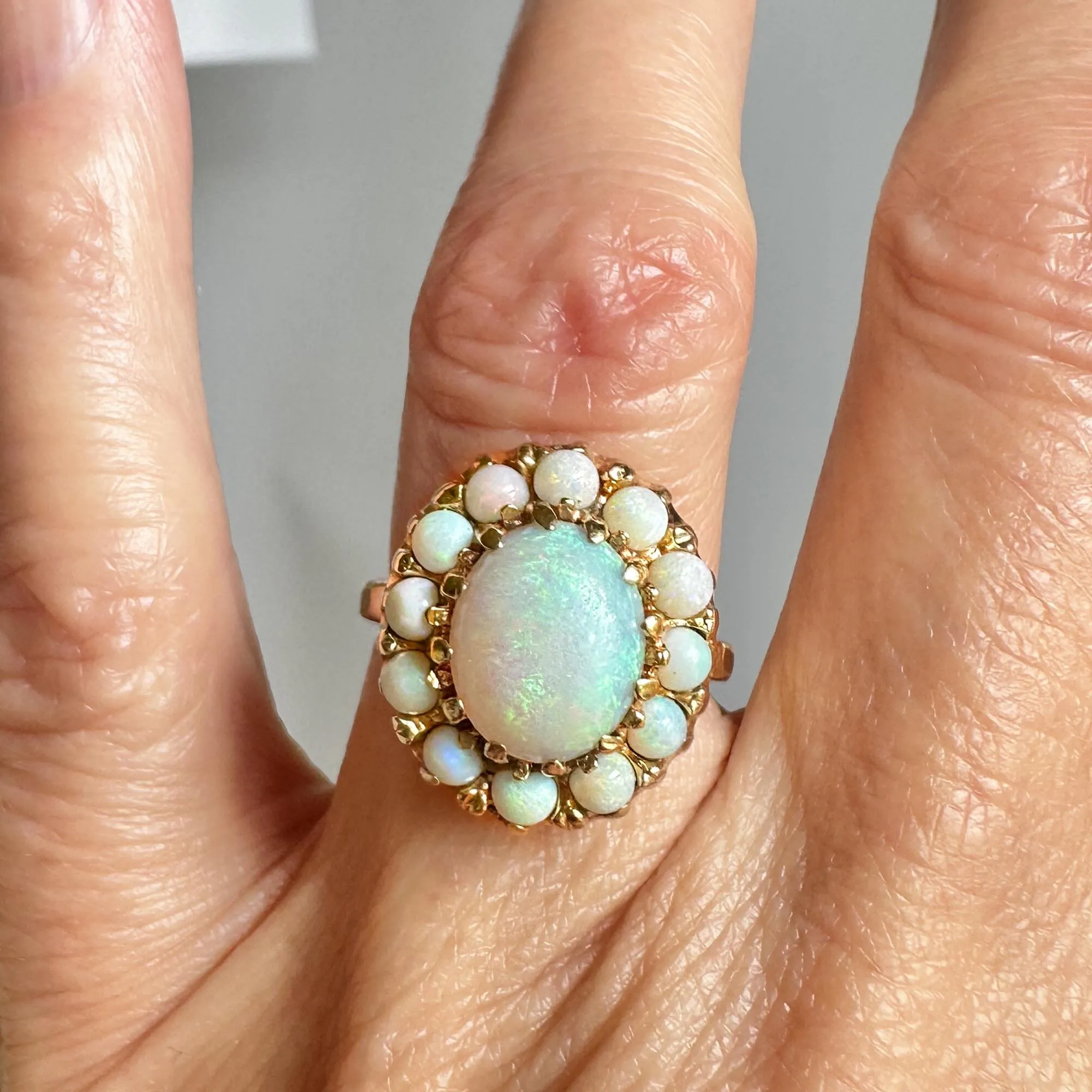 Vintage 14K Gold Opal Halo Cluster Ring