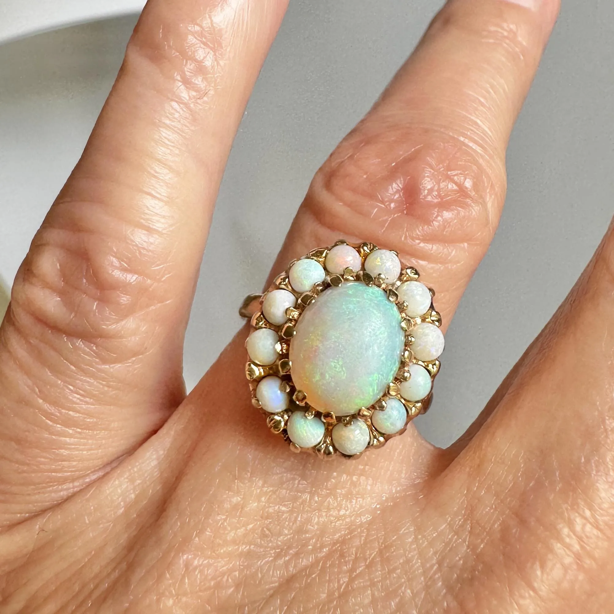 Vintage 14K Gold Opal Halo Cluster Ring
