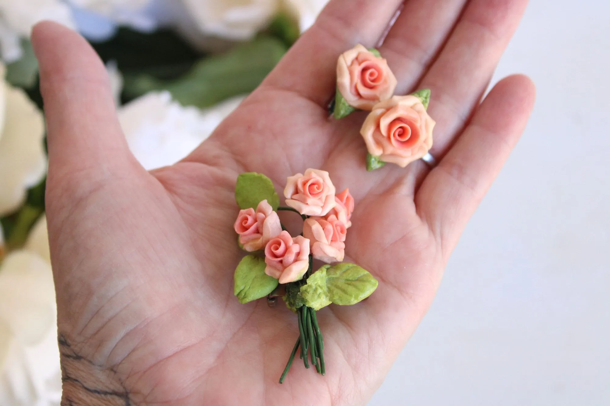 Vintage 1950s Brooch And Earrings Set of Pink Roses