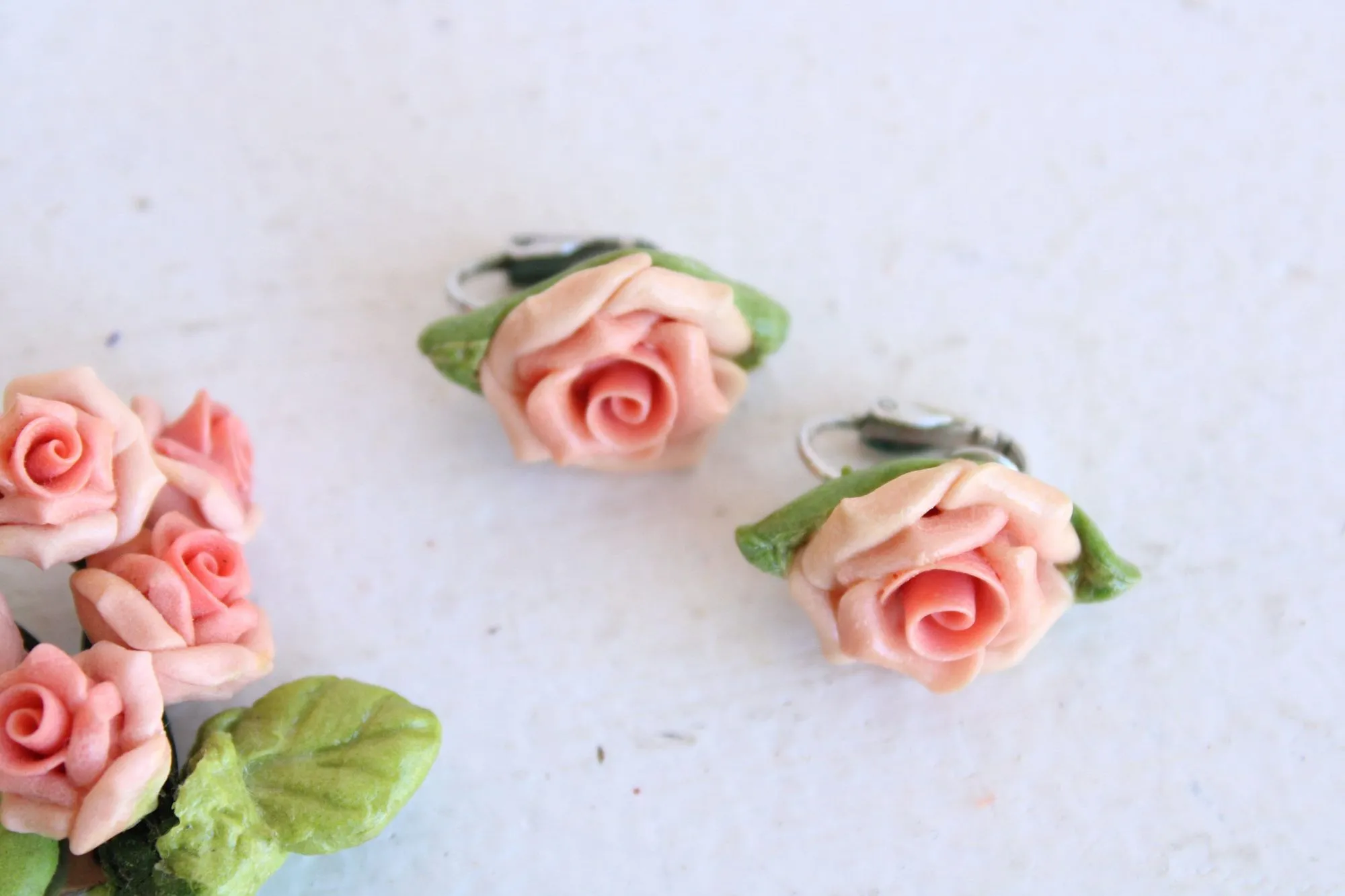 Vintage 1950s Brooch And Earrings Set of Pink Roses