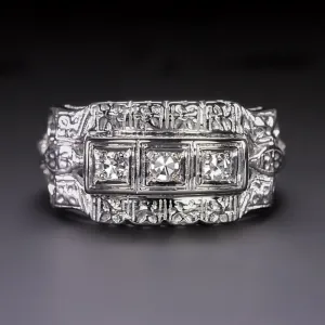VINTAGE DIAMOND COCKTAIL RING 14k WHITE GOLD NATURAL ESTATE ENGRAVED ESTATE