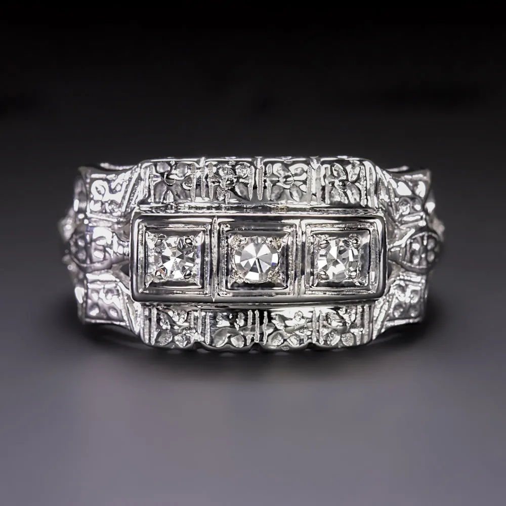 VINTAGE DIAMOND COCKTAIL RING 14k WHITE GOLD NATURAL ESTATE ENGRAVED ESTATE