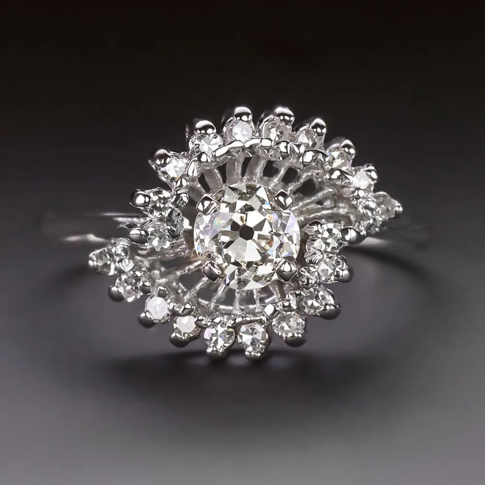 VINTAGE DIAMOND COCKTAIL RING OLD EUROPEAN CUT SPIRAL HALO 14k WHITE GOLD RETRO