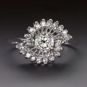 VINTAGE DIAMOND COCKTAIL RING OLD EUROPEAN CUT SPIRAL HALO 14k WHITE GOLD RETRO