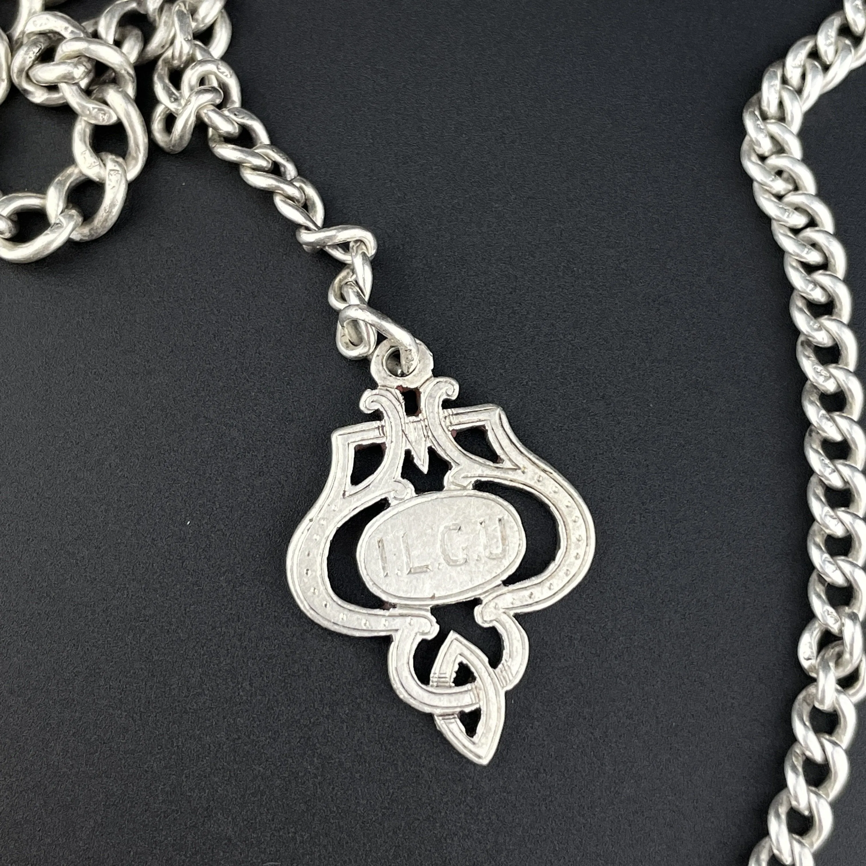 Vintage Silver Shield Medallion Watch Chain Necklace