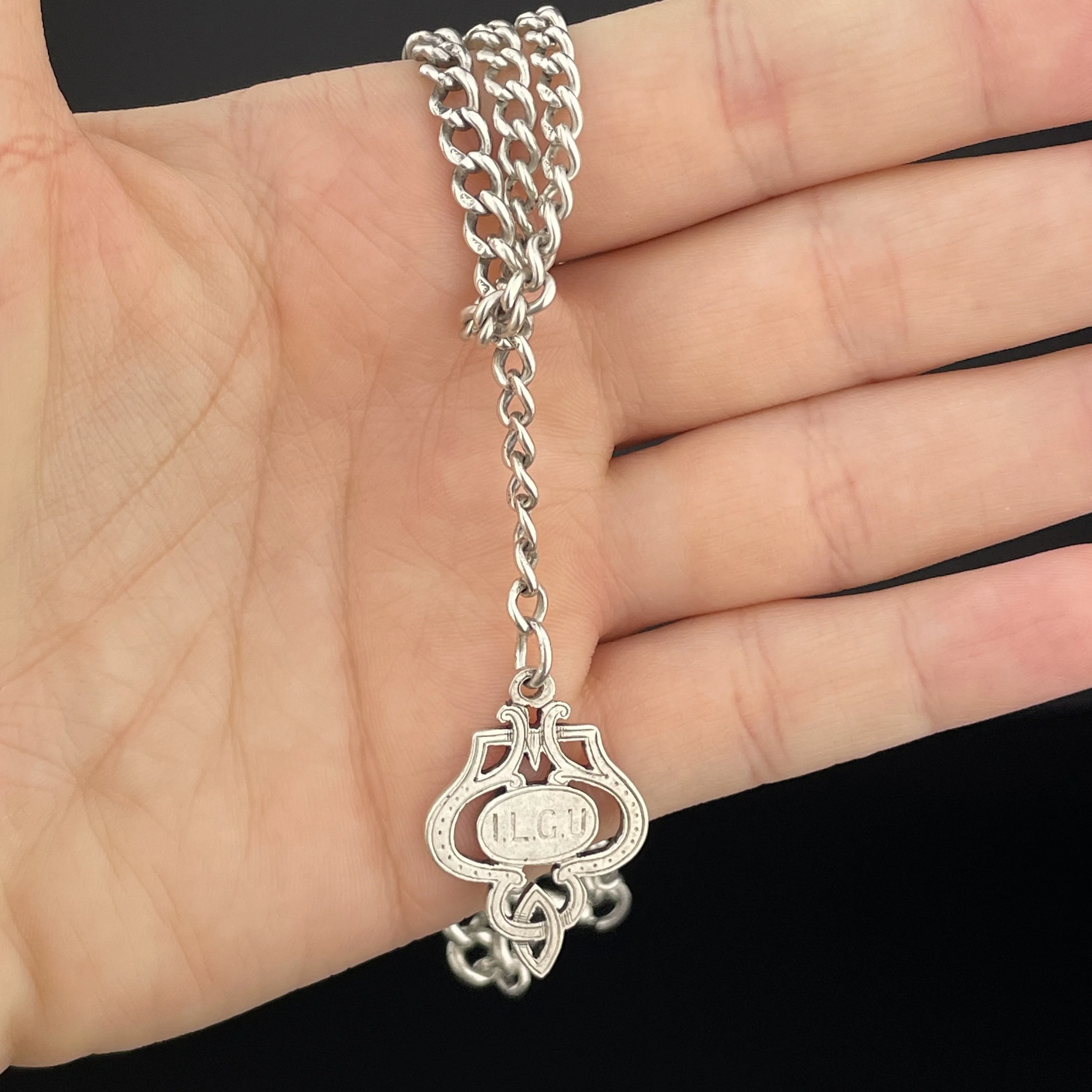 Vintage Silver Shield Medallion Watch Chain Necklace