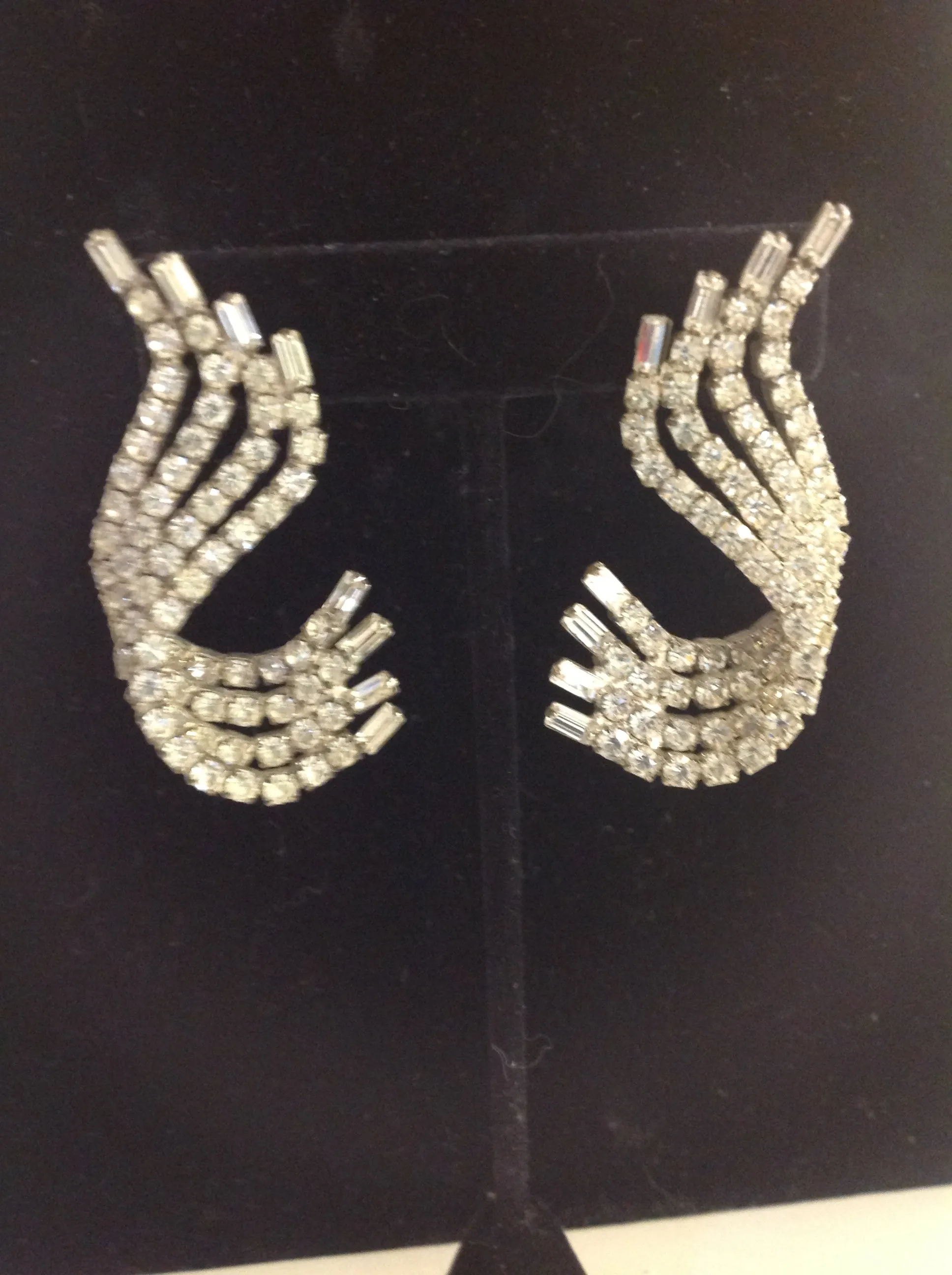 Vintage Silvertone Rhinestone Four Strand Wave Earrings