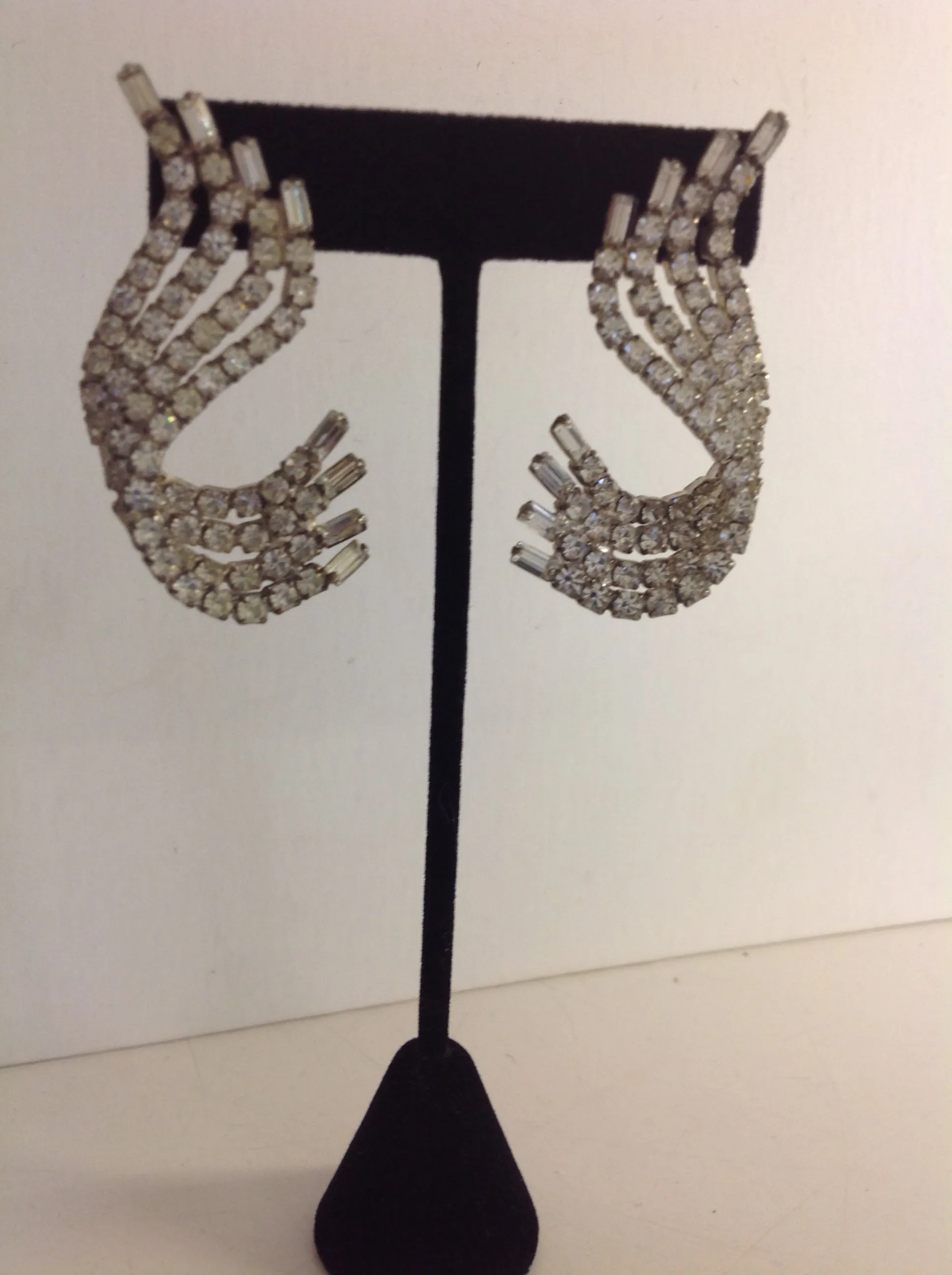 Vintage Silvertone Rhinestone Four Strand Wave Earrings