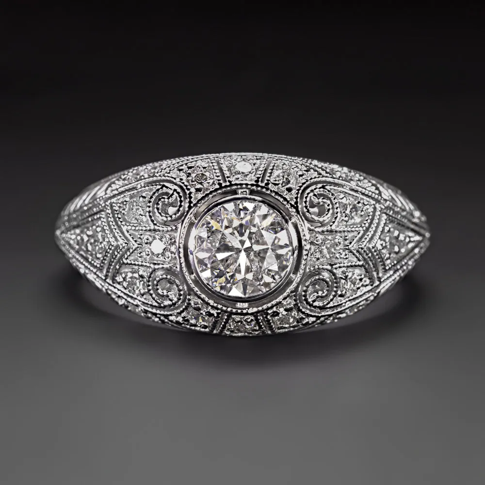 VINTAGE STYLE DIAMOND ENGAGEMENT RING 14k WHITE GOLD COCKTAIL DOMED FILIGREE