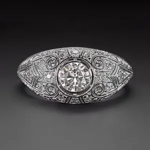 VINTAGE STYLE DIAMOND ENGAGEMENT RING 14k WHITE GOLD COCKTAIL DOMED FILIGREE