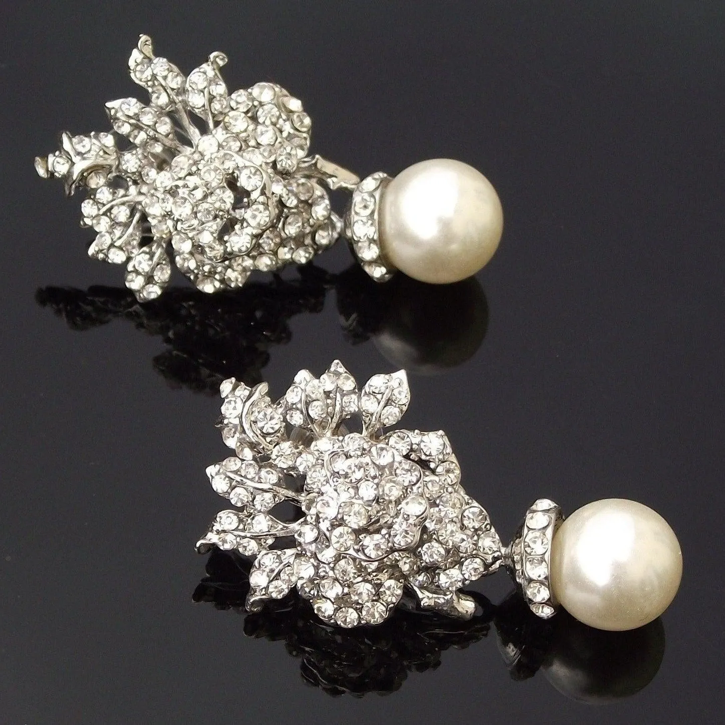 Vintage Style Silver and Pearl Rose Earrings, Anya [Archival- Handmade]
