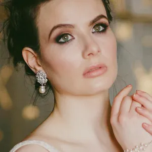 Vintage Style Silver and Pearl Rose Earrings, Anya [Archival- Handmade]