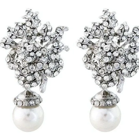 Vintage Style Silver and Pearl Rose Earrings, Anya [Archival- Handmade]
