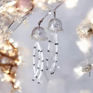 Whimsical - Jellyfish earrings | sea creature zoology earrings | white beaded clear iridescent dangle oversize earrings | halgoram fun y2k earrings