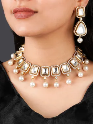 White Color Gold Plated Faux Polki Necklace Set - PK-S130
