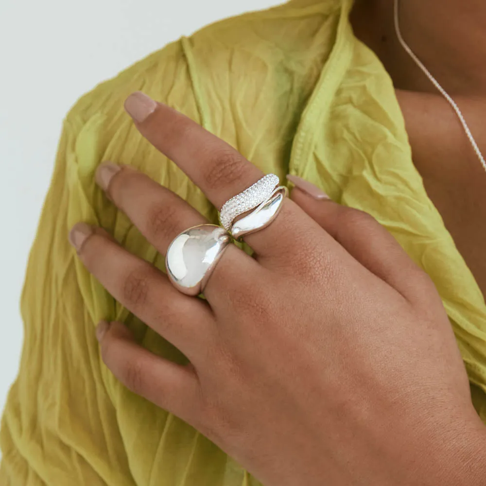 White Topaz Pave Wave Dome Ring in Silver