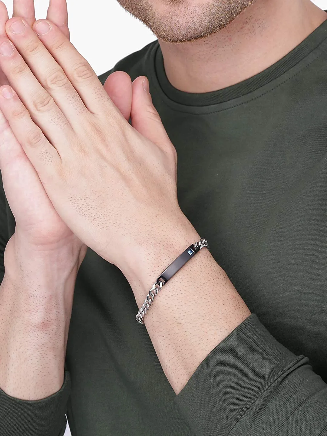 Yellow Chimes Bracelet for Men Stainless Steel Silver Chain Black Tag with Crystal Unisex Bracelet for Men and Women