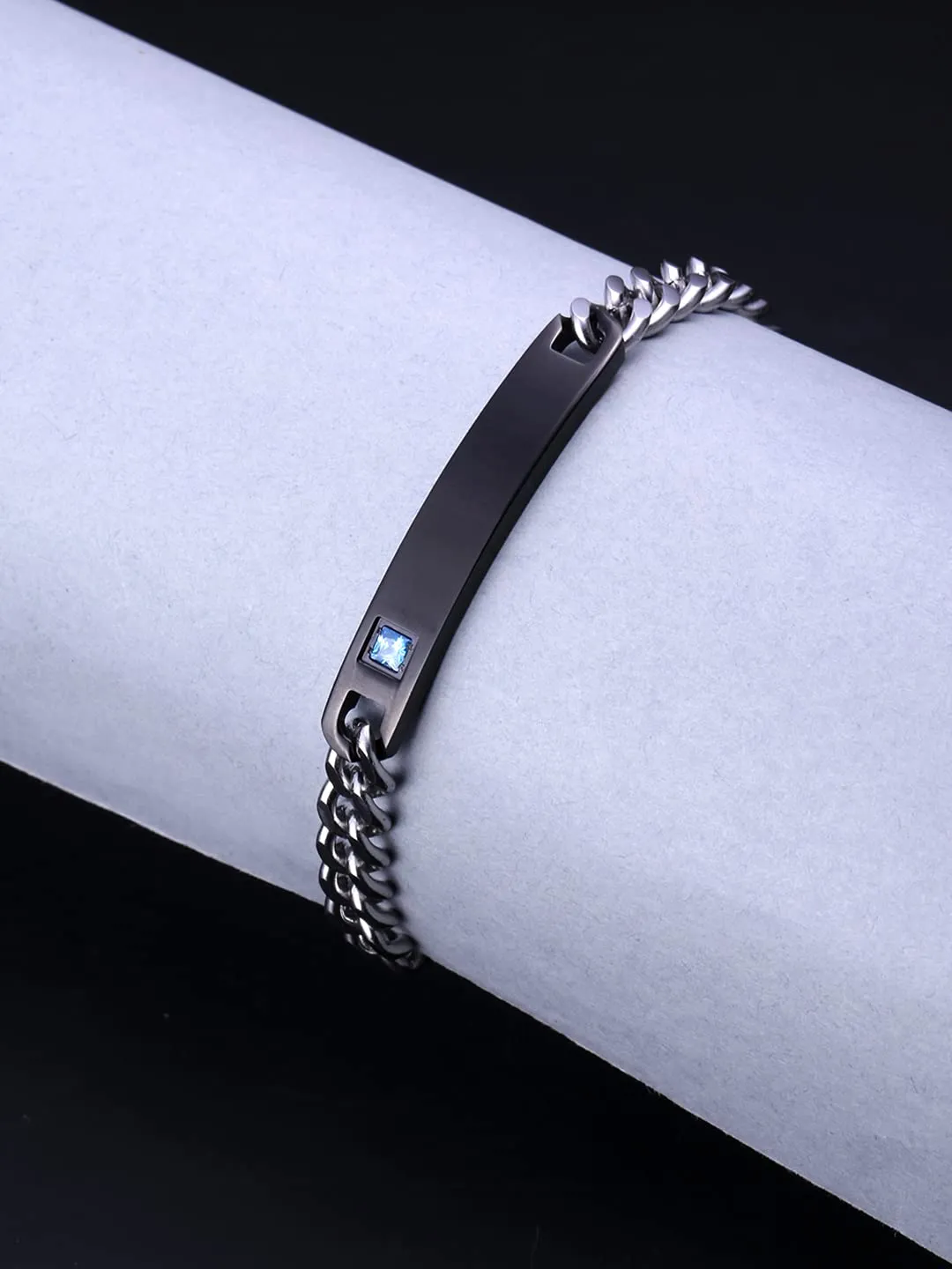 Yellow Chimes Bracelet for Men Stainless Steel Silver Chain Black Tag with Crystal Unisex Bracelet for Men and Women