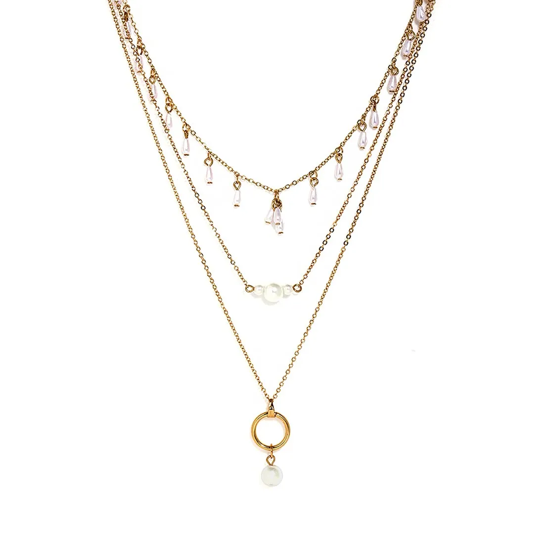 Yellow Chimes Layered Necklace for Women Gold Plated Charming MultiLayered White Pearl Drop Chain Necklace for Women and Girls