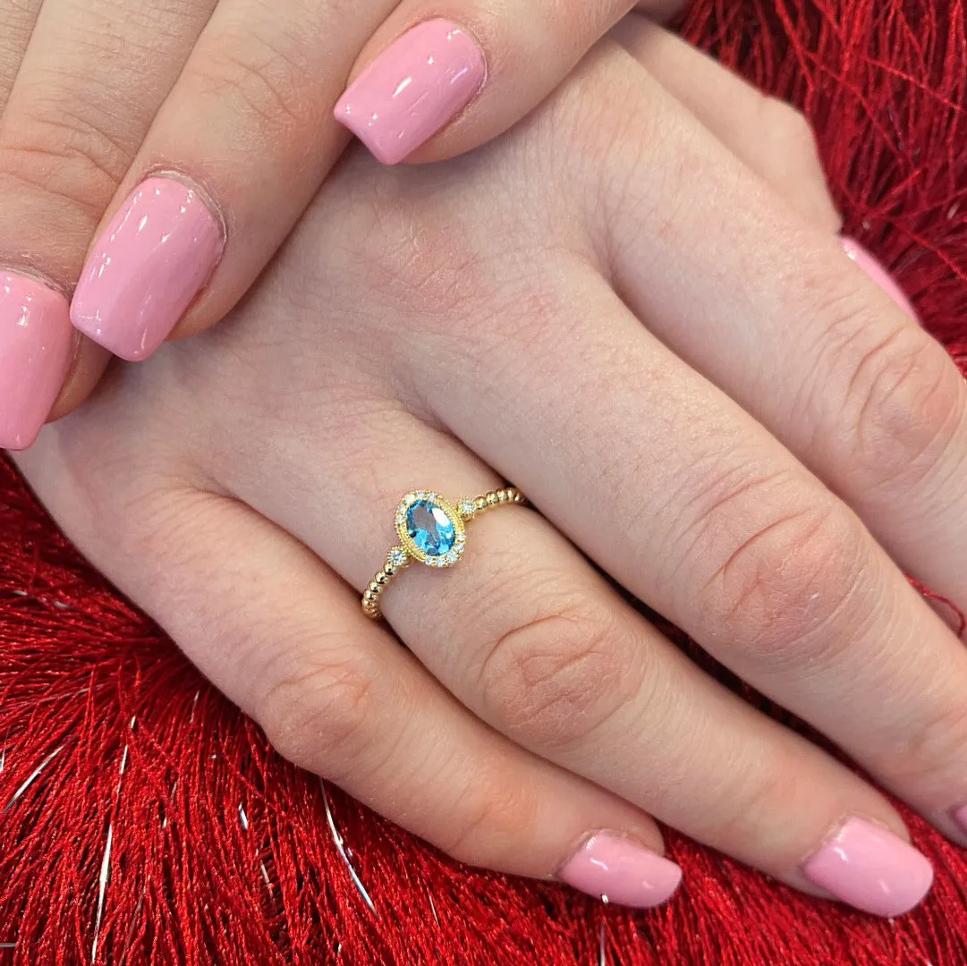 Yellow Gold Blue Topaz & Diamond Beaded Ring
