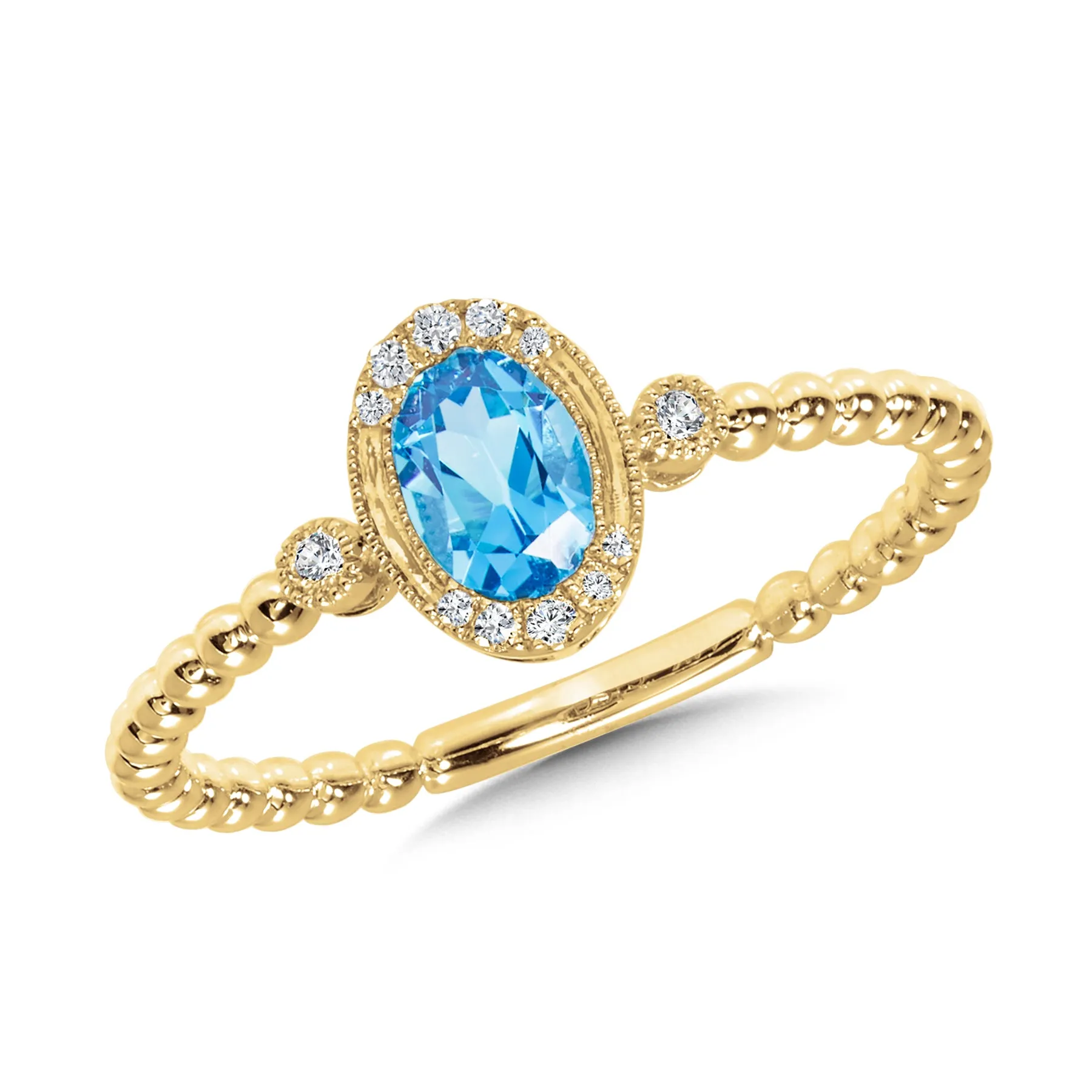Yellow Gold Blue Topaz & Diamond Beaded Ring