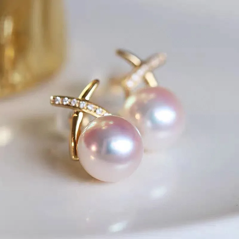 Zircon high luster natural freshwater pearl earrings