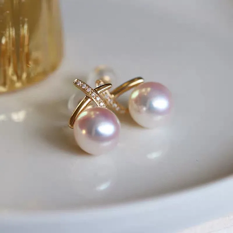 Zircon high luster natural freshwater pearl earrings